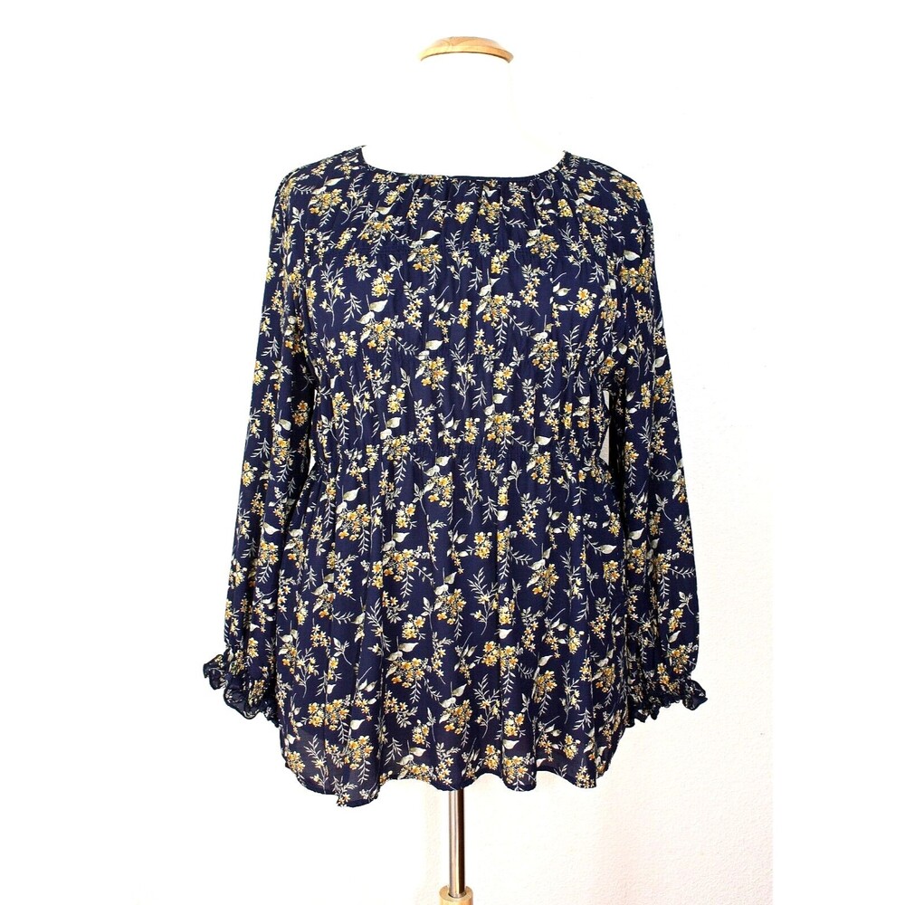 SUZANNE BETRO BOHO Top Blouse Plus Sz. 2X Blue Multi Floral Peasant Prairie #03